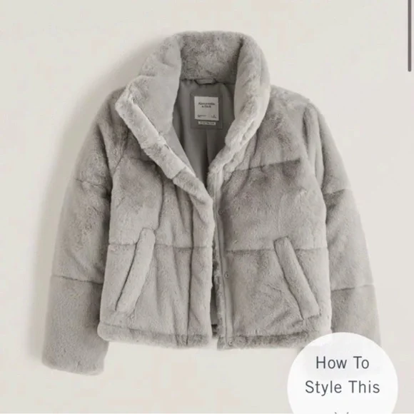 Abercrombie & Fitch Soft Gray Faux Fur Mini Puffer Jacket - Picture 2 of 7